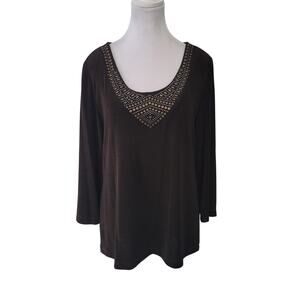 Chico’s Travelers Size L Brown Studded‎ V-Neck Stretch Tunic Top Minimal Mature